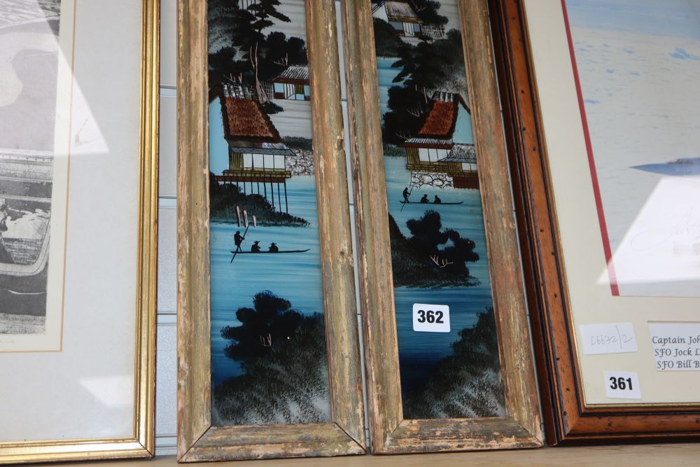 A pair of Japanese reverse painted glass panels, framed